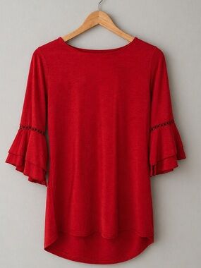 Red Boho Tunic Top Womens Bell Sleeve Crochet Flowy Blouse High Low S M